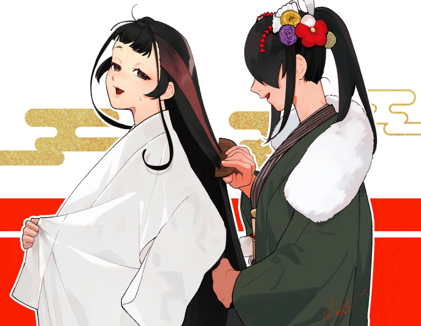 2girls, black_hair, brushing_hair, comb, flower, from_side, hair_flower, hair_ornament