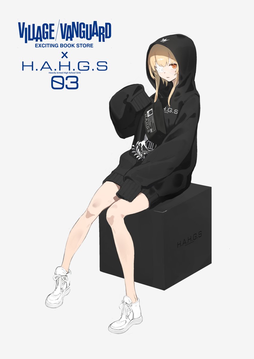 1girl, bare_legs, black_hoodie, blonde_hair, copyright_name, eyepatch, fanny_pack, heavily_armed_high_school_girls
