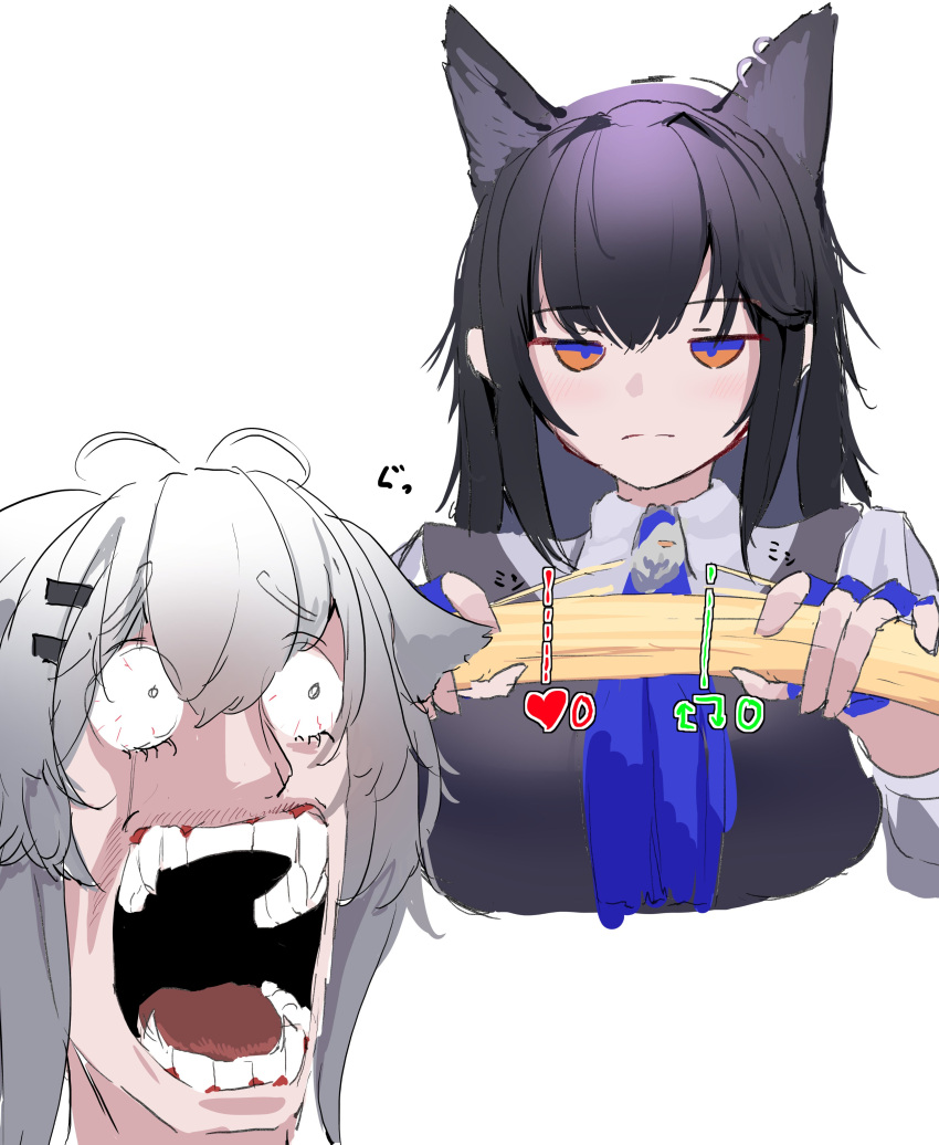 2girls, absurdres, animal_ears, arknights, black_hair, blue_gloves, blue_necktie, breaking_pasta