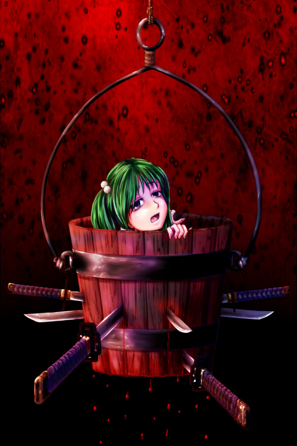 amogiri, blood, bucket, girl_in_bucket, green_hair, in_container, katana, kisume, sword, touhou, weapon