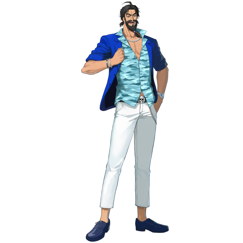 1boy, ahoge, beard, black_eyes, black_hair, blue_jacket, blue_shirt, bracelet