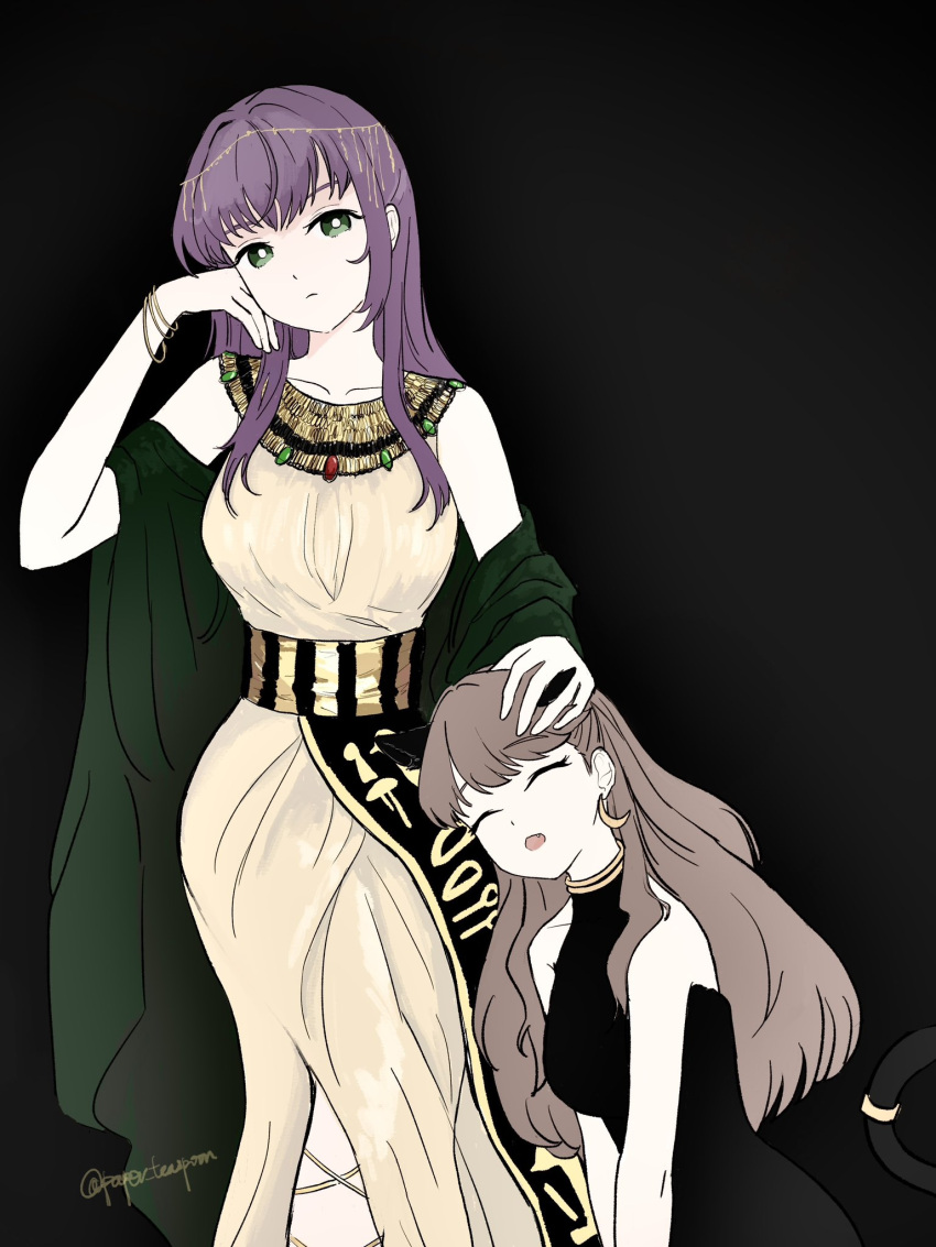 217find!, 2girls, :o, ^_^, alternate_costume, ancient_egyptian_clothes, animal_ears, black_background