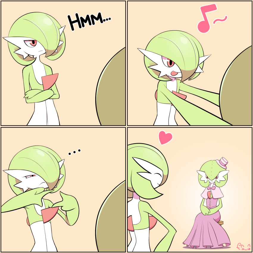 ..., bob_cut, closed_eyes, crossed_arms, dress, gardevoir, green_hair, hair_over_one_eye