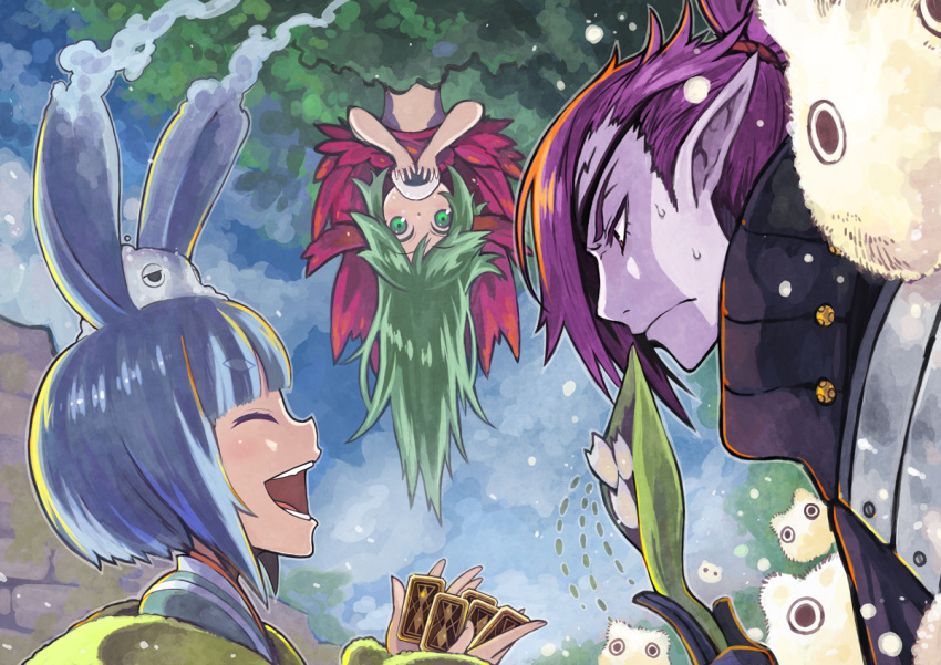 1boy, 2girls, animal_ears, animal_on_head, black_gloves, blue_hair, card, closed_eyes, creature, day, eating, eyepatch, flower, frown, gloves, green_eyes, green_hair, holding, holding_flower, ichimi_(pixiv_fantasia_last_saga), in_tree, long_hair, looking_at_another, multiple_girls, on_head, outdoors, pixiv_fantasia, pixiv_fantasia_last_saga, playing_card, pointy_ears, purple_hair, rabbit_ears, red_eyes, rleven_drosselbart, rumie, short_hair, sweat, tree, upside-down