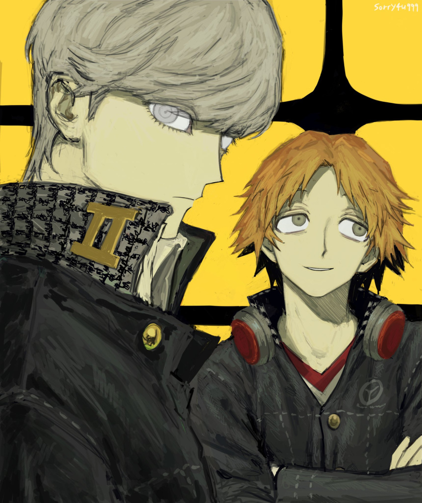 2boys, black_jacket, brown_hair, closed_mouth, crossed_arms, grey_eyes, grey_hair, hanamura_yousuke