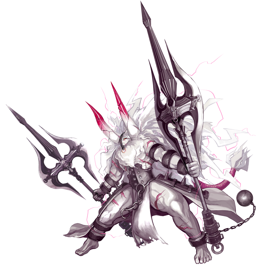 1boy, anklet, armor, asterios_(fate), axe, ball_and_chain_restraint, battle_axe, black_sclera