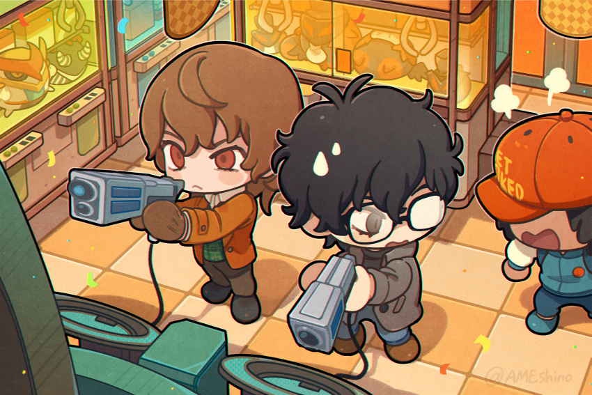 akechi_gorou, amamiya_ren, ameshino, arcade, black_hair, brown_gloves, brown_hair, brown_jacket