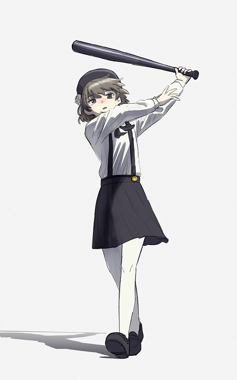 1girl, baseball_bat, black_hat, black_shoes, black_skirt, brown_hair, flower, full_body