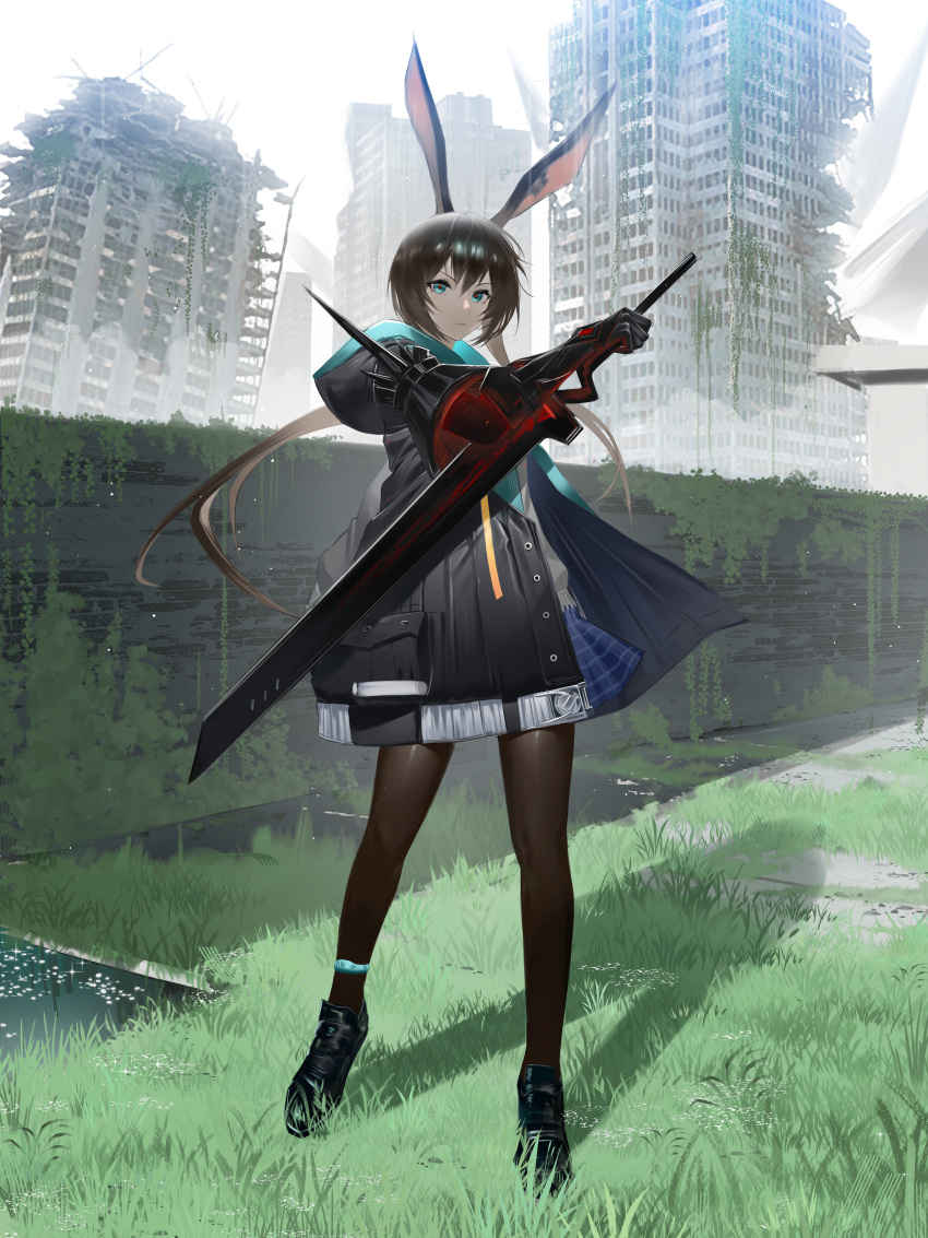 1girl, absurdres, amiya_(arknights), animal_ears, anklet, aqua_eyes, arknights, black_pantyhose