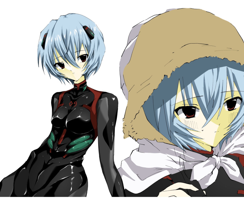 1girl, 2000s_(style), ayanami_rei, blue_hair, blush, highres, mecha_pilot_suit, neon_genesis_evangelion