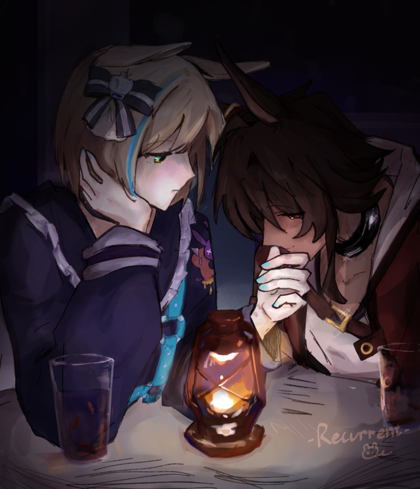 2girls, animal_ears, artist_name, bitter_glasse_(umamusume), blonde_hair, blue_bow, blue_hair, bow