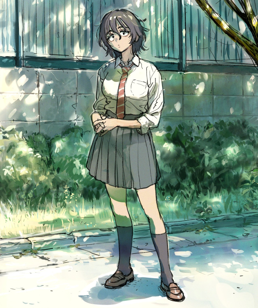 1girl, asai_akira, black_eyes, black_hair, black_skirt, black_socks, breasts, brick_wall