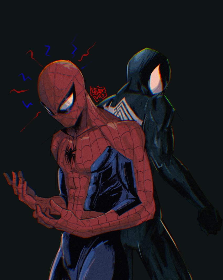2boys, artist_name, back-to-back, black_background, black_bodysuit, blue_bodysuit, bodysuit, highres