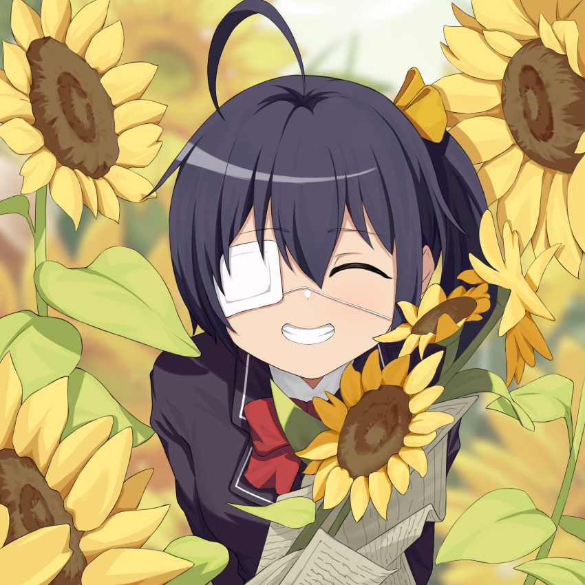 1girl, absurdres, ahoge, black_hair, black_jacket, blurry, blurry_background, bow, bowtie, chuunibyou_demo_koi_ga_shitai!, commentary, eyepatch, facing_viewer, flower, grin, hair_ribbon, highres, holding, holding_flower, holding_paper, jacket, medical_eyepatch, paper, quan_mai_huo_mianbao, red_bow, red_bowtie, ribbon, smile, solo, sunflower, takanashi_rikka, teeth, upper_body, yellow_ribbon