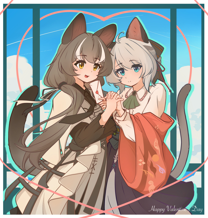 2girls, animal_ears, aqua_eyes, arknights, black_tail, brown_hair, chinese_commentary, closed_mouth