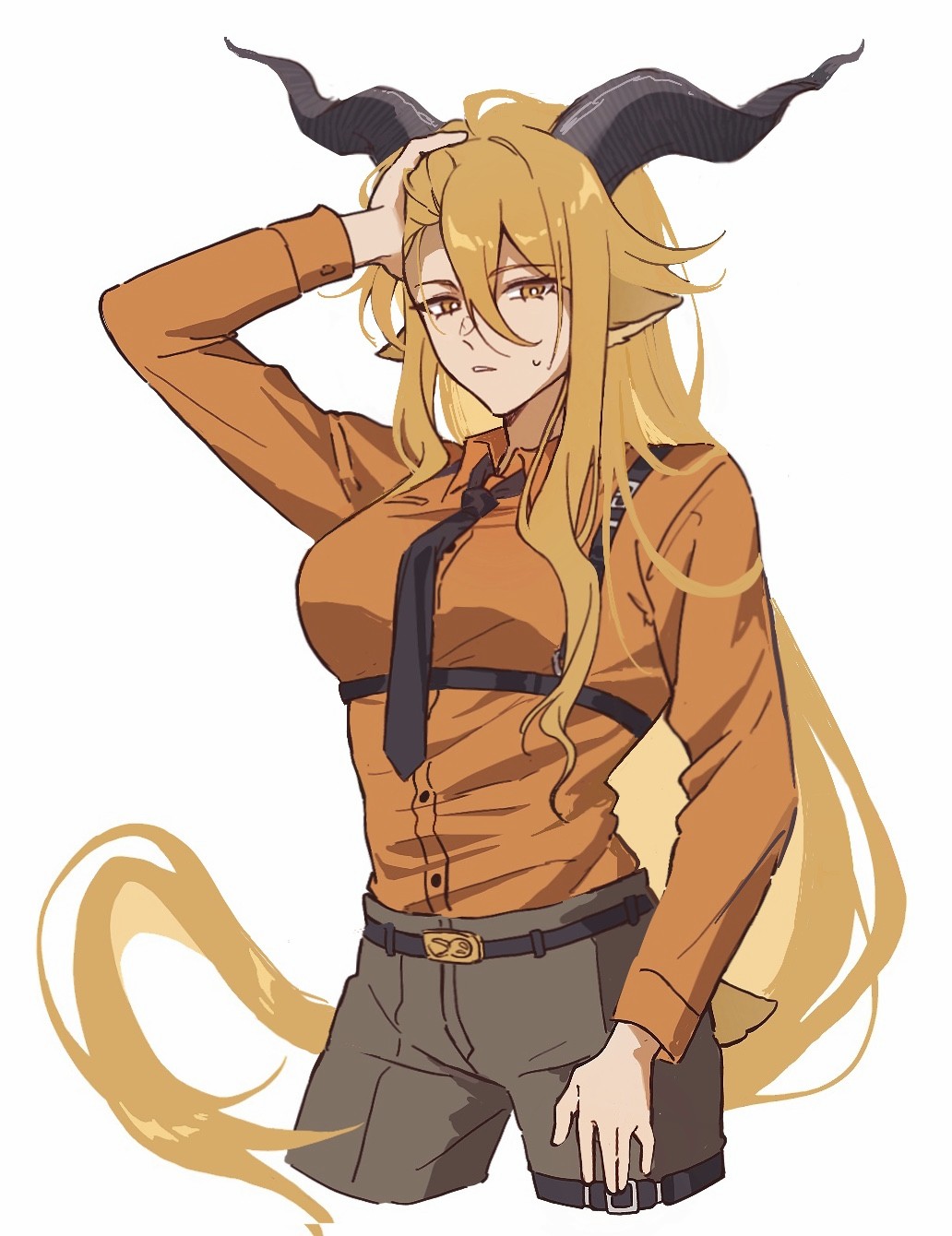 1girl, amo20839453, arknights, arm_up, belt, belt_buckle, black_belt, black_horns