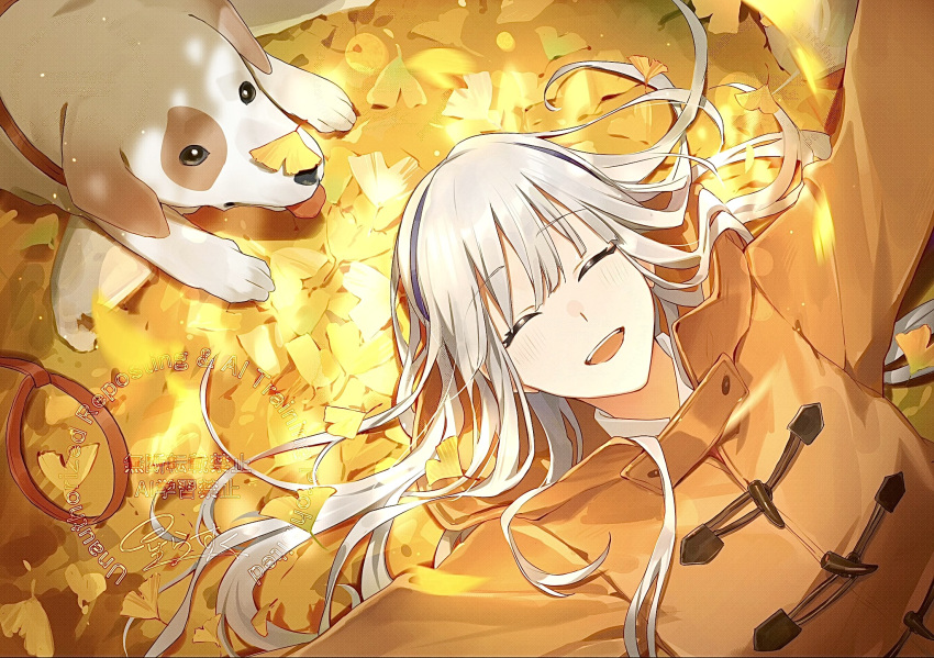 1girl, animal, animal_collar, animal_focus, autumn, autumn_clothes, autumn_leaves, closed_eyes