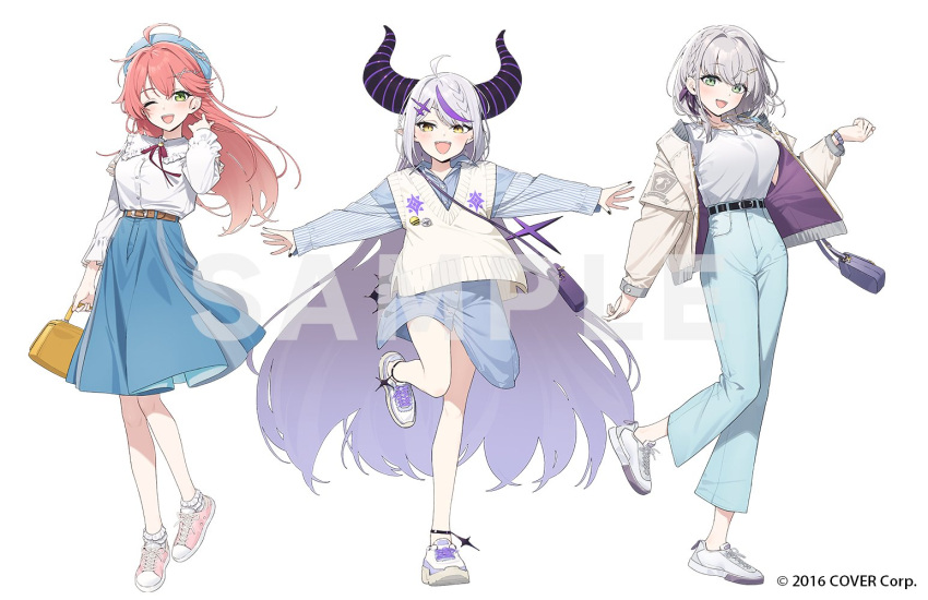 3girls, :d, ;d, ahoge, airplane_arms, aqua_pants, bag, belt, beret, black_belt, black_horns, black_nails, blue_dress, blue_hat, blue_sky, braid, breasts, brown_belt, button_dress, collared_dress, commentary_request, copyright_notice, demon_horns, double-parted_bangs, dress, fangs, frilled_shirt, frilled_shirt_collar, frilled_socks, frills, full_body, green_eyes, grey_hair, grey_jacket, hair_between_eyes, hair_ornament, hair_ribbon, hairclip, hand_up, hat, hayashi_kewi, high-waist_pants, holding, holding_bag, hololive, horns, jacket, jewelry, la+_darknesss, large_breasts, long_hair, long_skirt, long_sleeves, looking_at_viewer, multicolored_hair, multiple_girls, nail_polish, neck_ribbon, necklace, official_alternate_costume, official_art, one_eye_closed, outstretched_arms, pants, pink_hair, pink_shoes, pointy_ears, purple_hair, ribbon, sakura_miko, sample_watermark, shirogane_noel, shirt, shirt_tucked_in, shoes, short_hair, shoulder_bag, side_braid, simple_background, skirt, sky, slit_pupils, smile, sneakers, socks, spread_arms, streaked_hair, striped_horns, sweater_vest, swept_bangs, tail, teeth, upper_teeth_only, v-neck, very_long_hair, vest, virtual_youtuber, watch, watch, watermark, white_background, white_shirt, white_shoes, white_socks, white_vest, x_hair_ornament, yellow_eyes