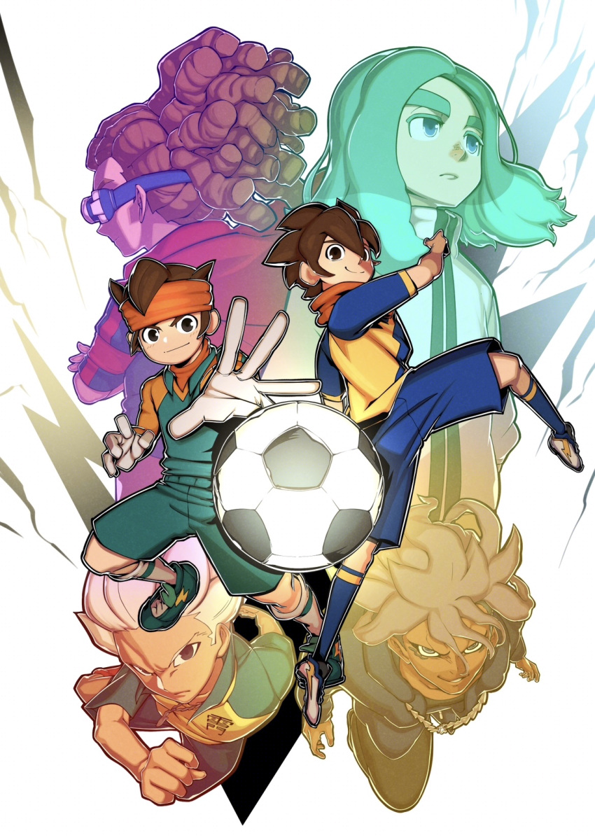 6+boys, blue_eyes, blue_shorts, brown_eyes, brown_hair, character_request, closed_mouth, endou_mamoru