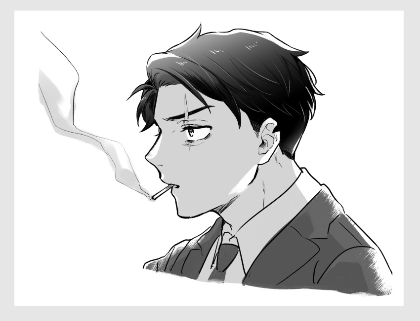 1boy, bags_under_eyes, border, cigarette, collared_shirt, commentary_request, cropped_shoulders, gegege_no_kitarou