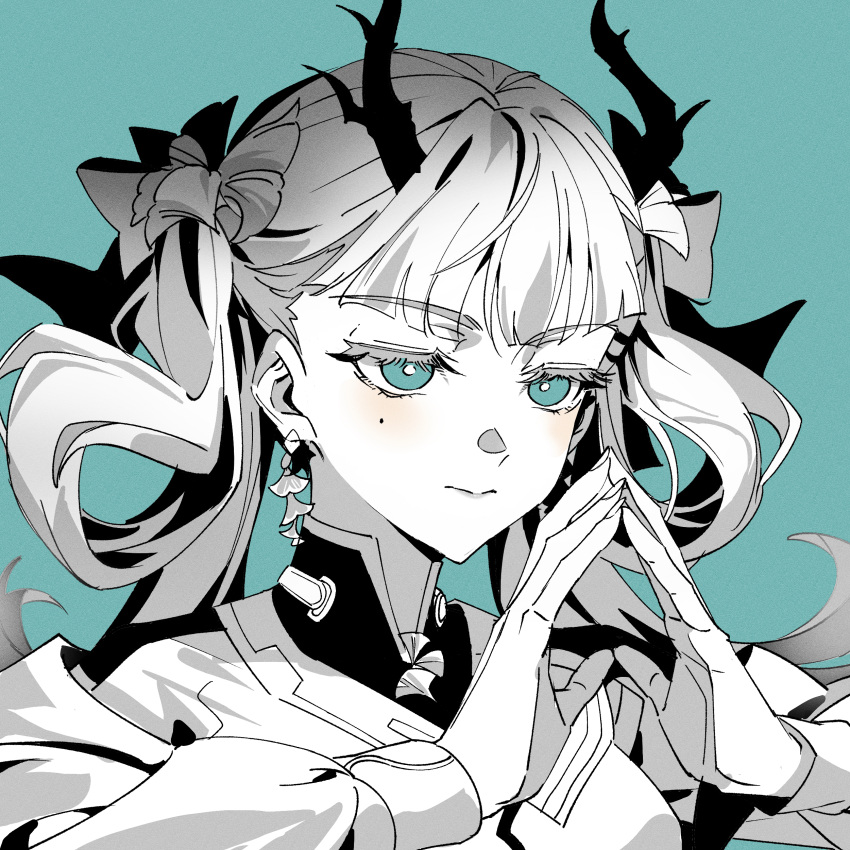 1girl, absurdres, closed_mouth, commentary, earrings, eastern_dragon_horns, green_background, green_eyes