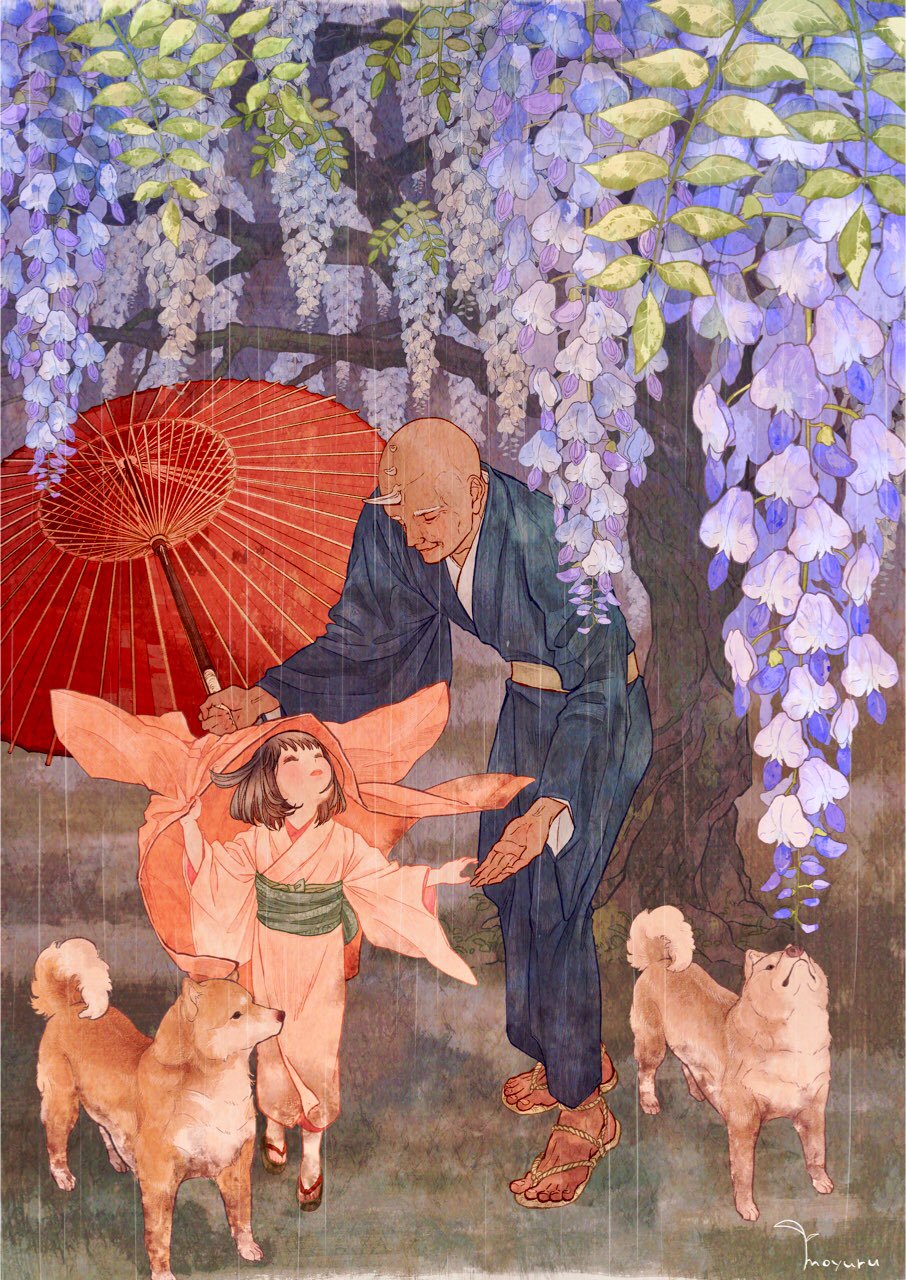 1girl, brown_hair, child, demon_horns, flower, geta, hanten_(clothes), highres, holding, holding_umbrella, horns, i_moyuru, japanese_clothes, kimono, oil-paper_umbrella, original, shiba_inu, traditional_youkai, umbrella, wisteria, yukata