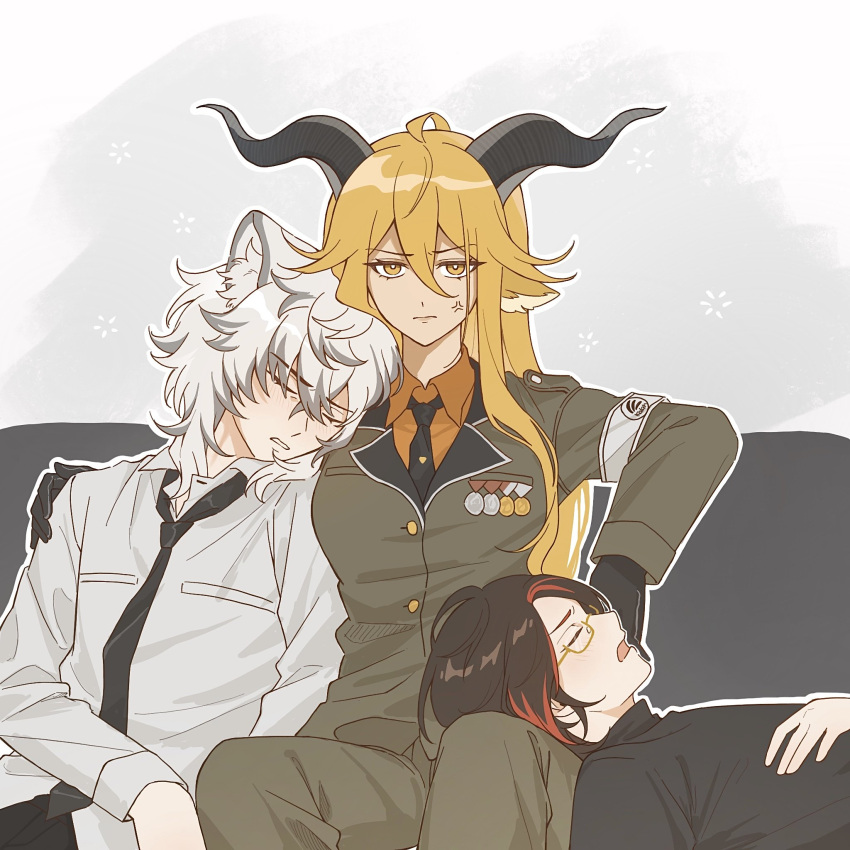 1girl, 2boys, amo20839453, anger_vein, animal_ear_fluff, animal_ears, annoyed, arknights