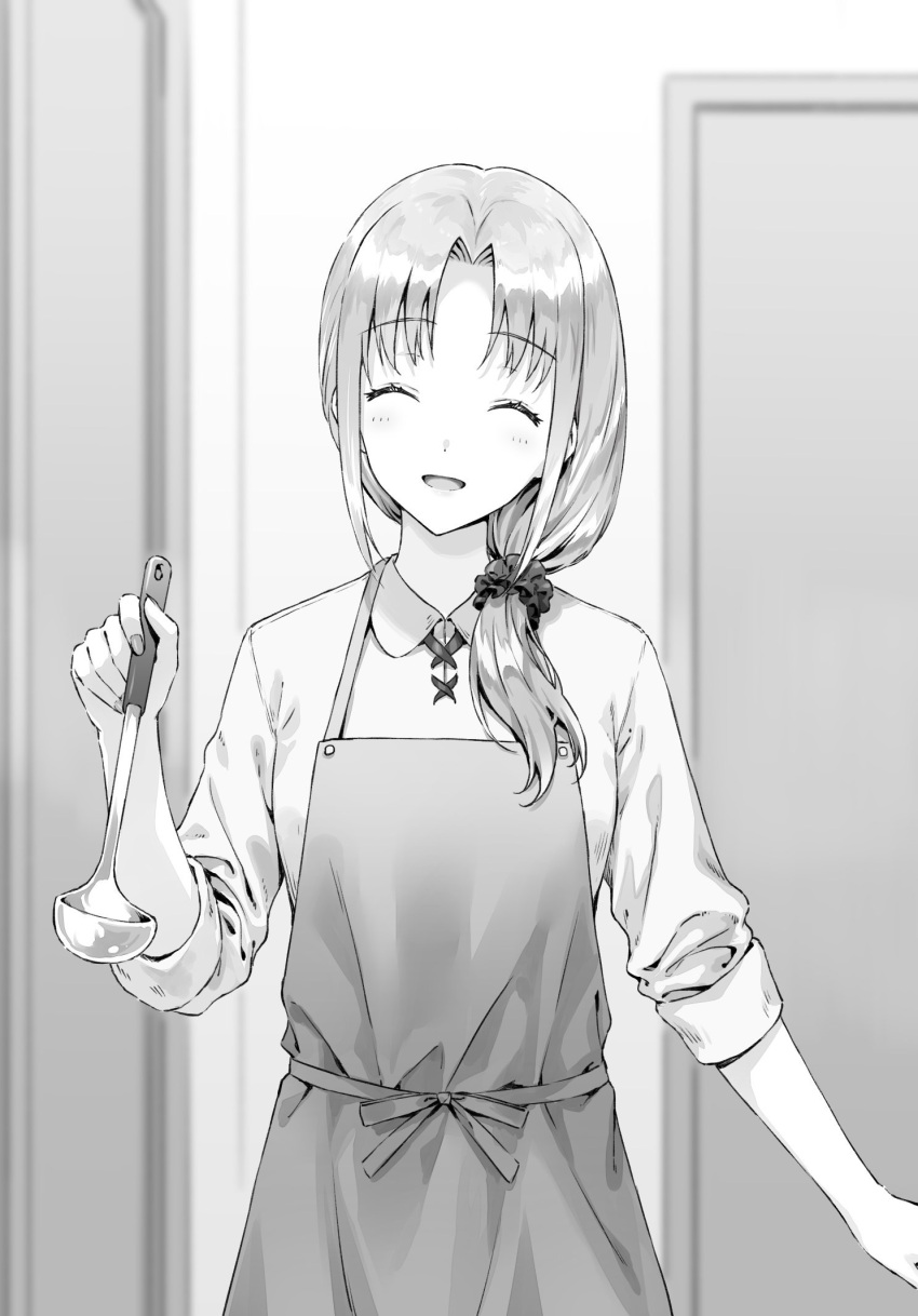 1girl, apron, ayase_akiko, blurry, blurry_background, closed_eyes, collared_shirt, commentary_request