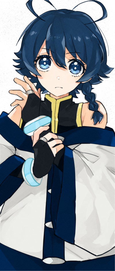 1boy, :o, ahoge, artist_name, bare_shoulders, black_hair, blue_flower, blush