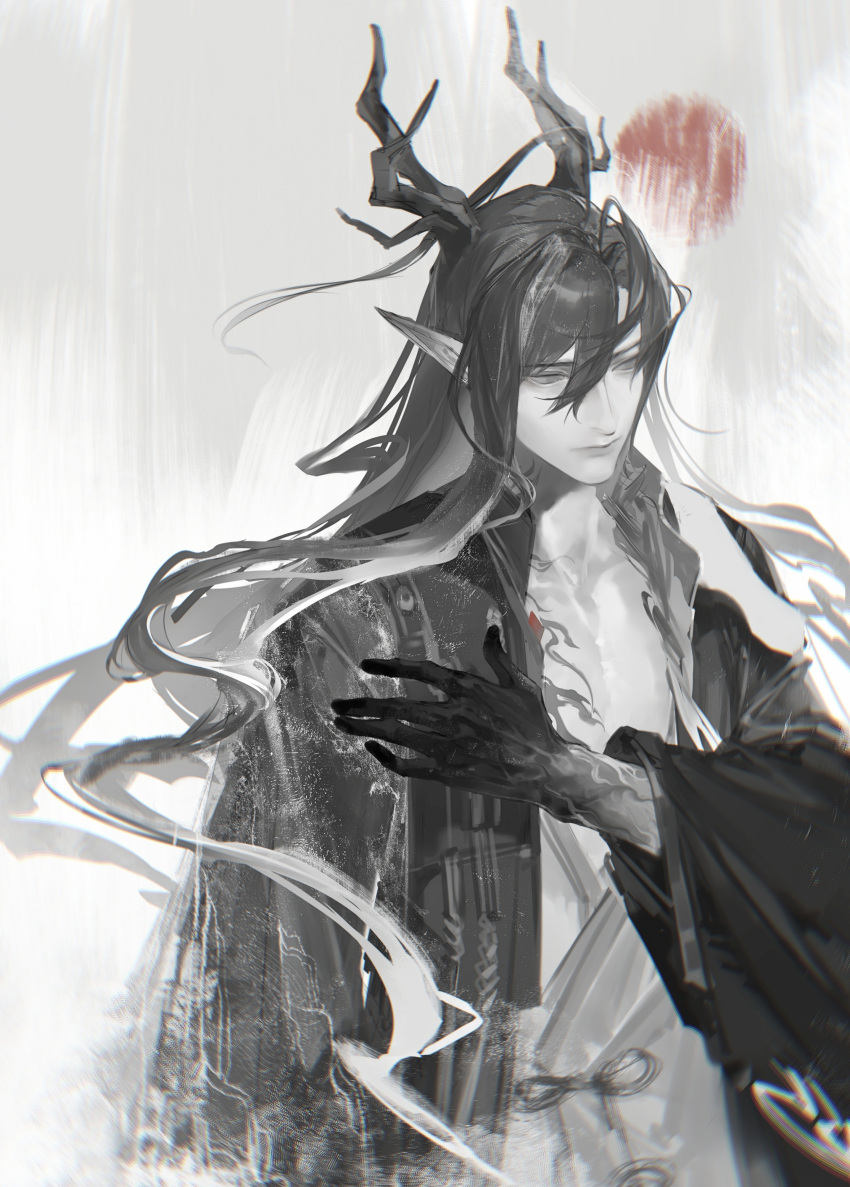 1boy, absurdres, arknights, character_request, chest_tattoo, chunbuchou, coat, collarbone
