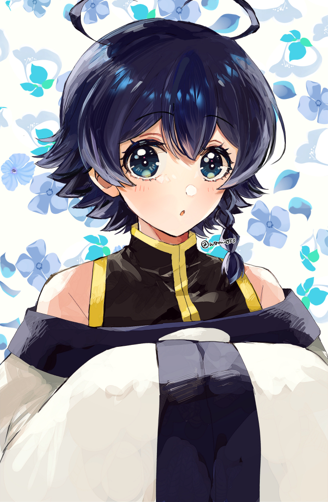 1boy, :o, ahoge, artist_name, bare_shoulders, black_hair, blue_flower, blush
