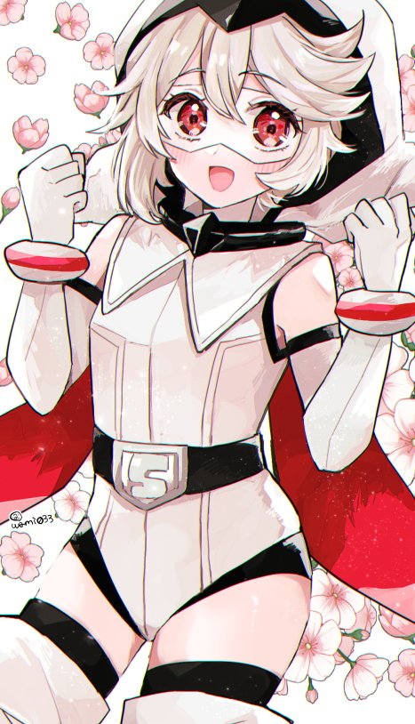 1girl, :d, bare_shoulders, belt, black_belt, black_thighhighs, blush, elbow_gloves