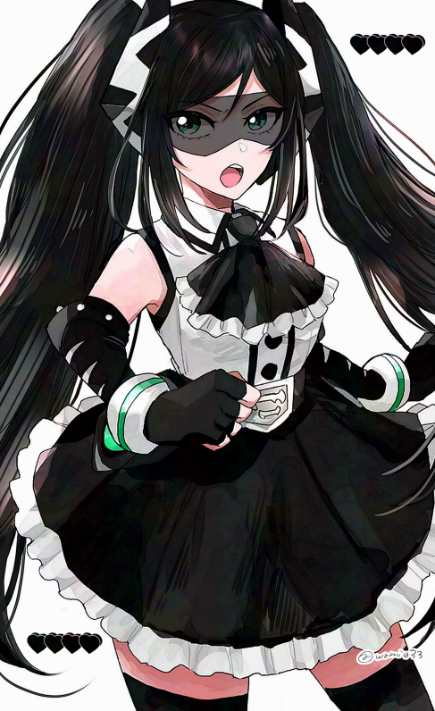 1girl, :o, ascot, bare_shoulders, black_ascot, black_gloves, black_hair, black_skirt
