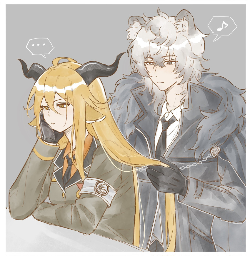 ..., 1boy, 1girl, amo20839453, animal_ears, arknights, armband, behind_another