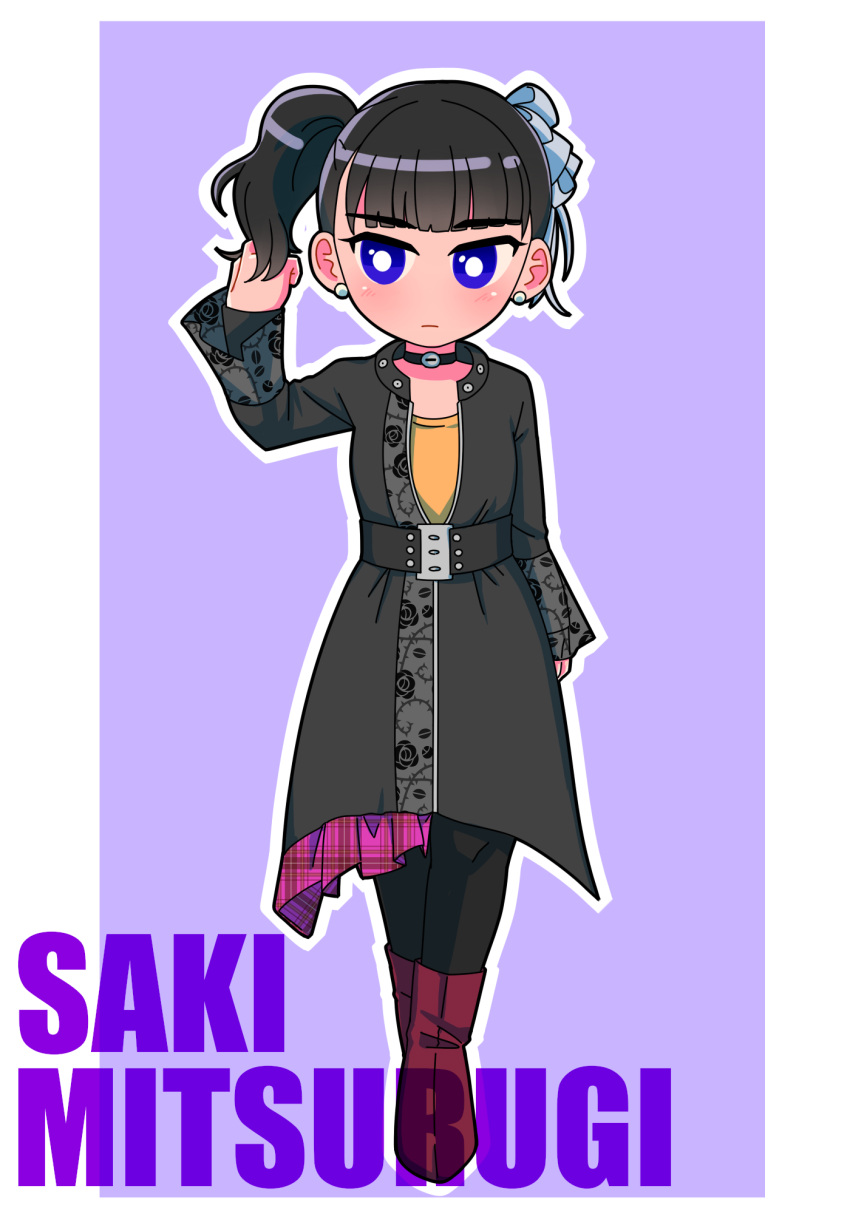 1girl, :|, animification, belt, black_belt, black_hair, black_jacket, black_leggings