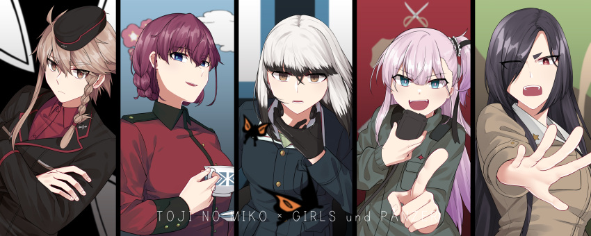 5girls, :d, absurdres, alternate_hairstyle, aratama_(toji_no_miko), black_gloves, black_hair, black_hat