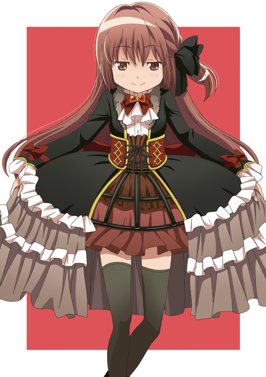 black_bow, black_bowtie, black_thighhighs, bow, bowtie, brown_hair, clothes_lift, dress