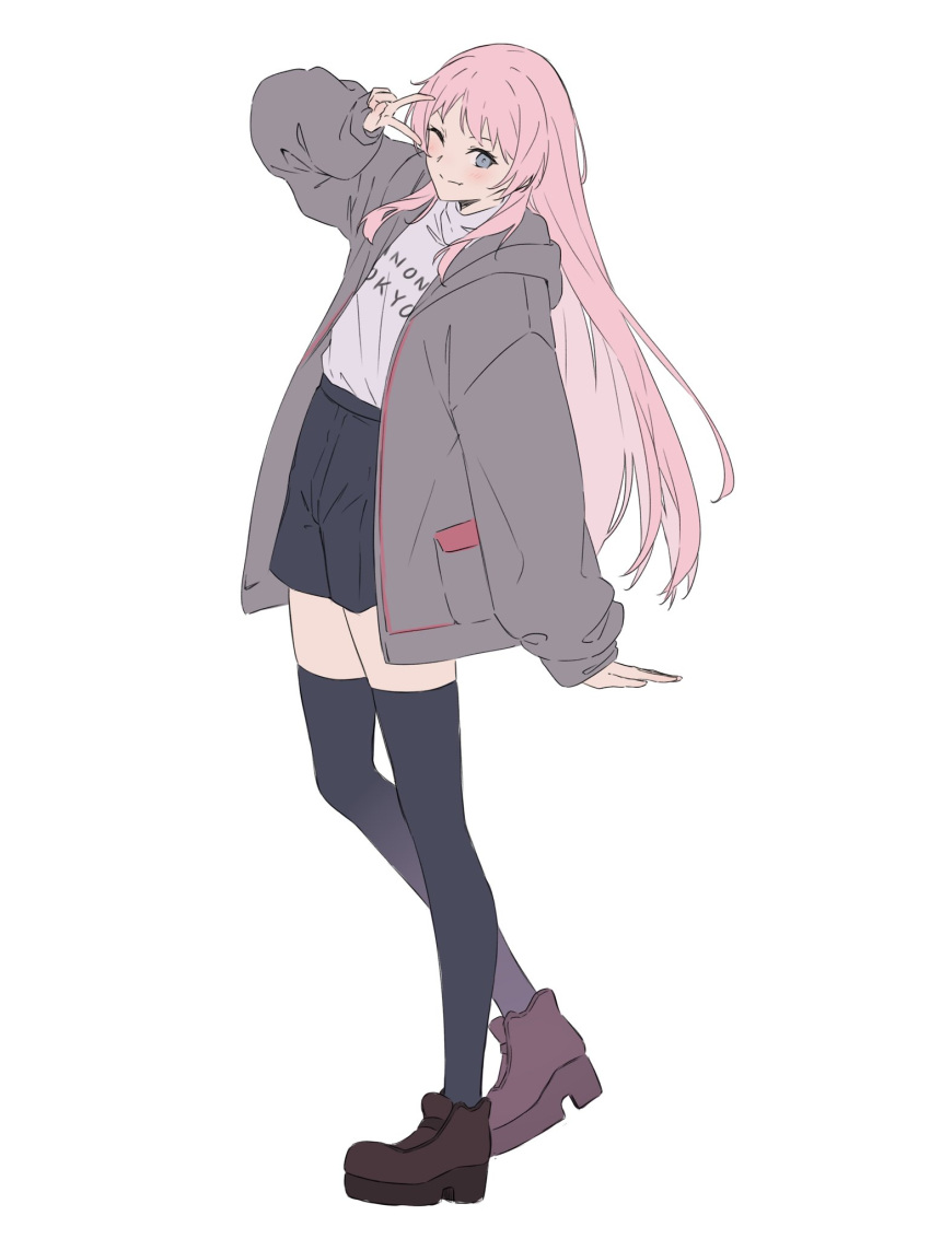1girl, anon_tokyo_(bang_dream!), bang_dream!, bang_dream!_it's_mygo!!!!!, black_shorts, black_thighhighs, blush, brown_shoes