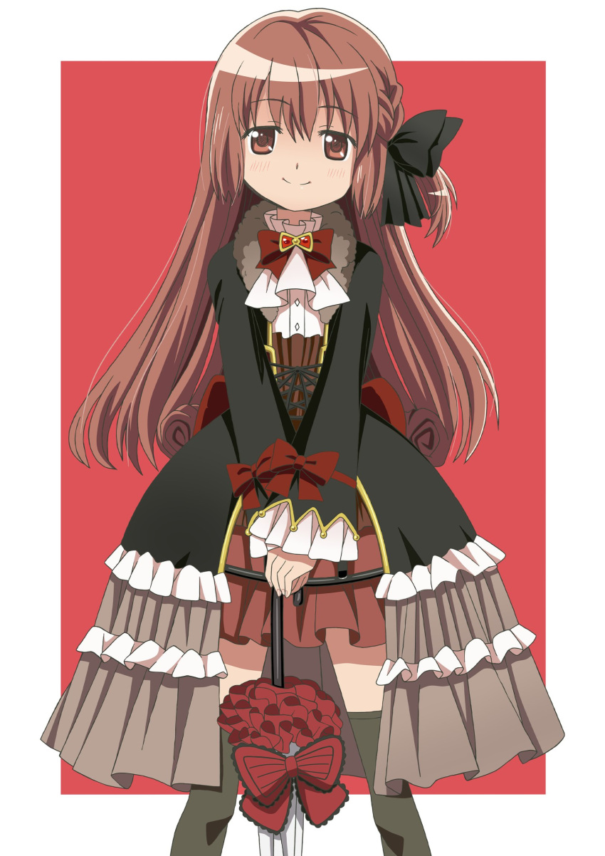 black_bow, black_bowtie, black_thighhighs, bow, bowtie, brown_hair, dress, frilled_dress