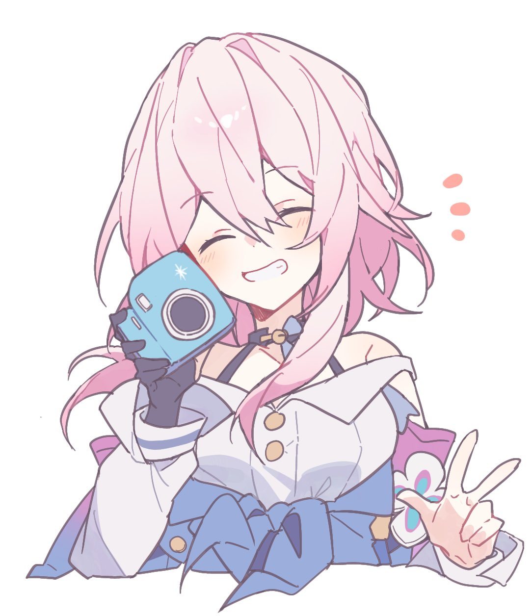 1girl, bare_shoulders, black_gloves, bra_straps, camera, closed_eyes, commentary_request, cropped_torso