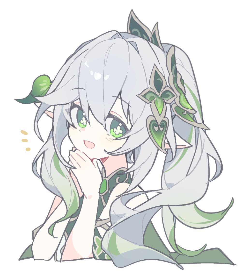 1girl, commentary_request, cropped_torso, flower-shaped_pupils, genshin_impact, green_eyes, hair_ornament, long_hair
