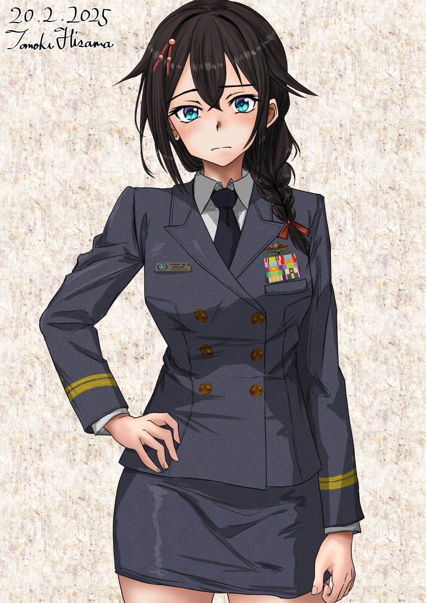 1girl, alternate_costume, artist_name, black_hair, black_jacket, black_necktie, black_skirt, blue_eyes, braid, buttons, cowboy_shot, dated, double-breasted, grey_background, hair_flaps, hair_over_shoulder, hand_on_own_hip, highres, hisamatomoki, jacket, kantai_collection, long_hair, military_uniform, necktie, one-hour_drawing_challenge, pencil_skirt, shigure_(kancolle), shigure_kai_ni_(kancolle), single_braid, skirt, solo