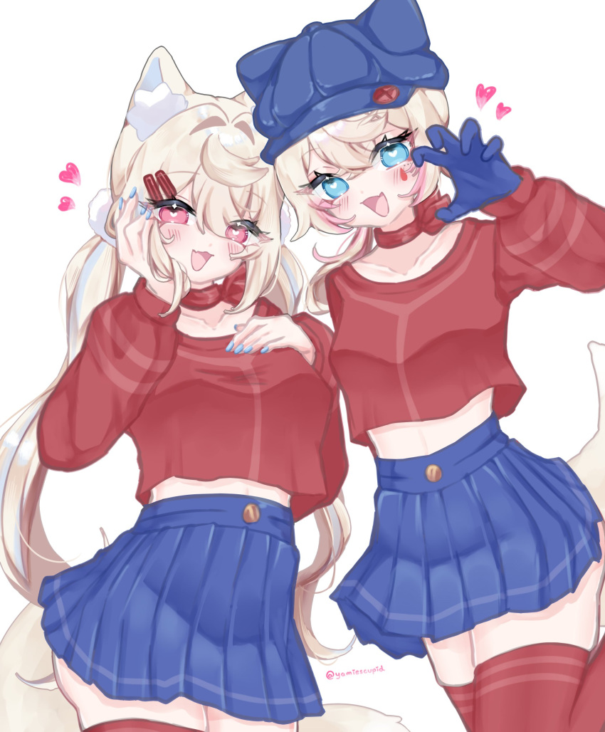 2girls, absurdres, blue_eyes, blue_gloves, blue_hair, blue_hat, blue_skirt, blush