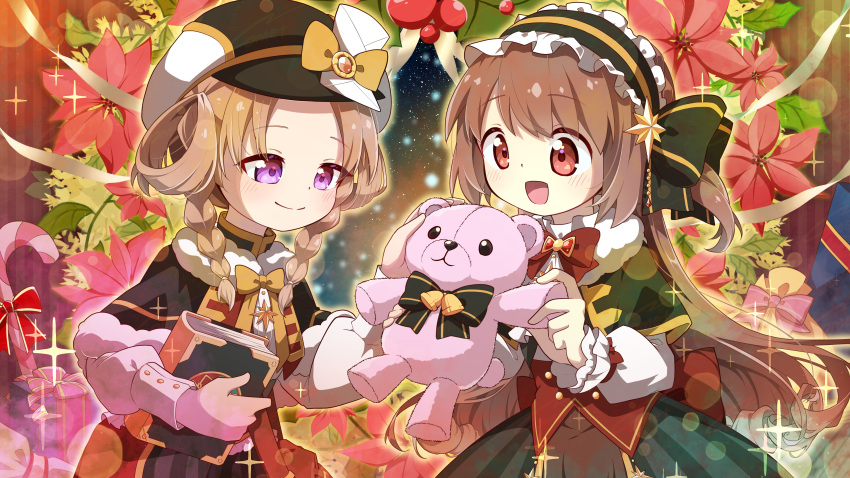 absurdres, book, bow, bowtie, braid, brown_hair, capelet, christmas