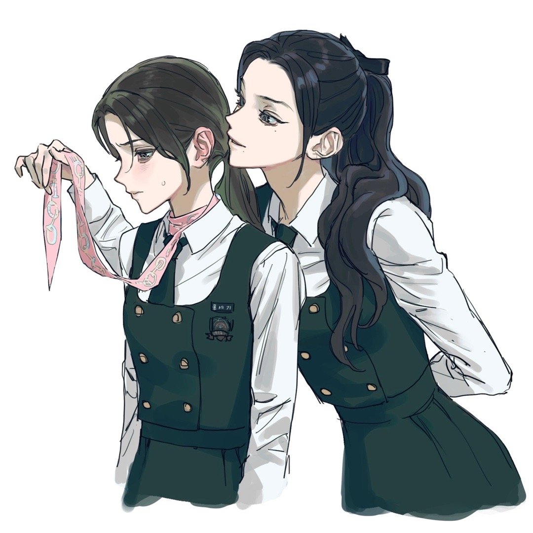 2girls, arm_behind_back, bandana, bandana_around_neck, black_bow, black_hair, bow, chinese_commentary, clothes_grab, collared_shirt, commentary_request, friendly_rivalry, green_necktie, green_skirt, green_vest, hair_bow, jiankangmeizi, long_hair, long_sleeves, mole, mole_under_eye, mole_under_mouth, multiple_girls, necktie, neckwear_grab, pink_bandana, ponytail, shirt, skirt, small_sweatdrop, vest, white_shirt, woo_seul-gi, yoo_je-i