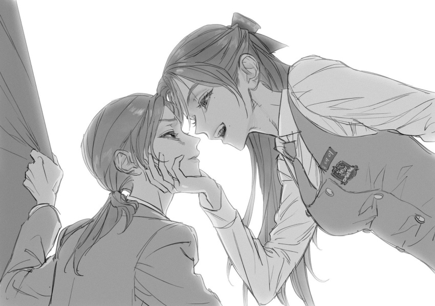2girls, bow, chinese_commentary, collared_shirt, commentary, friendly_rivalry, grabbing_another's_chin, greyscale, hair_bow, half_updo, hand_on_another's_chin, jacket, jiankangmeizi, long_hair, low_ponytail, mole, mole_under_eye, mole_under_mouth, monochrome, multiple_girls, necktie, open_mouth, ponytail, shirt, smile, vest, woo_seul-gi, yoo_je-i