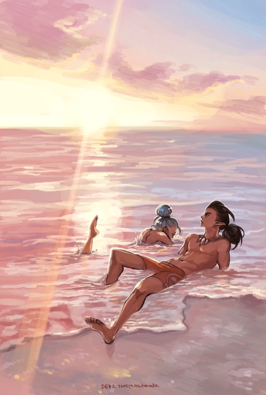 1boy, 1girl, barefoot, beach, blue_hair, brown_hair, clouds, dragon_quest