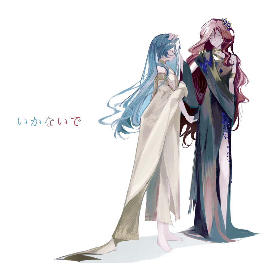 2girls, 37_(reverse:1999), ancient_greek_clothes, armlet, barefoot, black_dress, blue_eyes, blue_gemstone