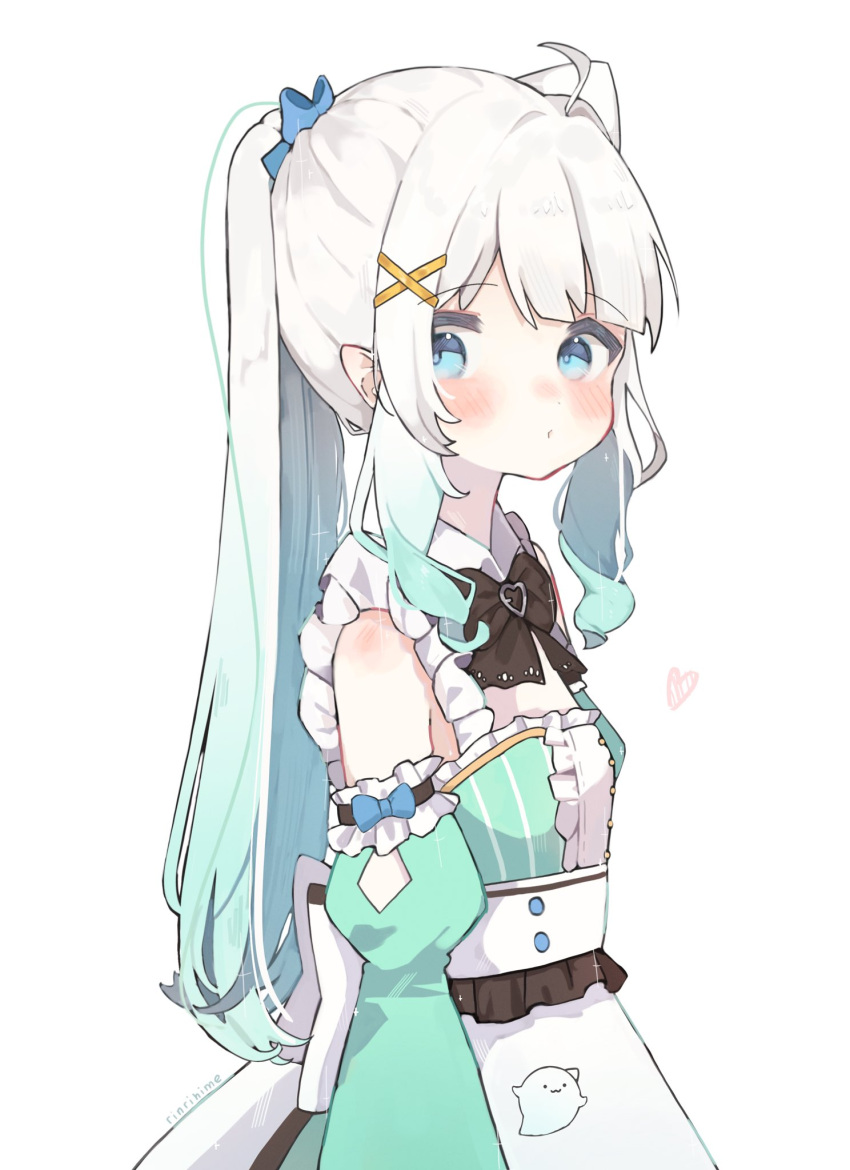 1girl, ahoge, apron, artist_name, black_bow, black_bowtie, blue_bow, blue_eyes