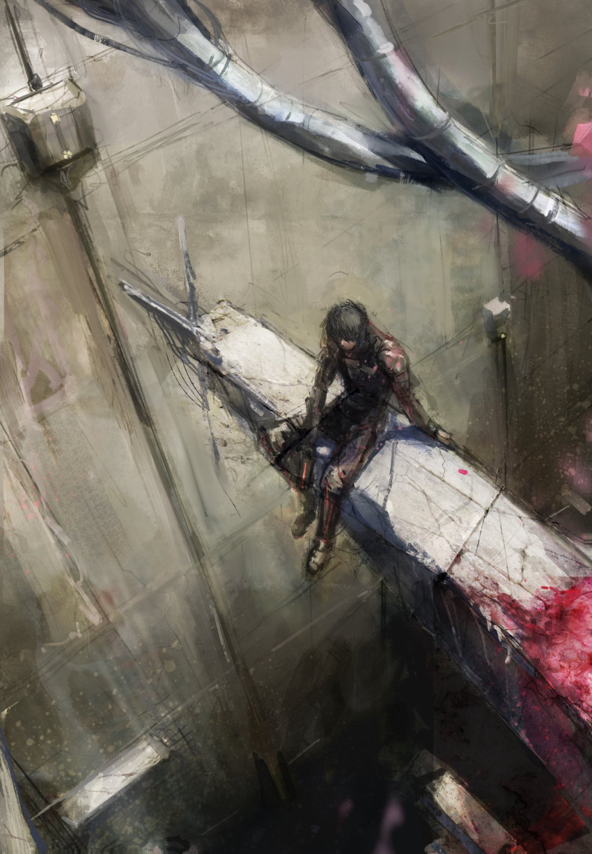 1boy, black_bodysuit, black_hair, blame!, blood, blood_splatter, body_armor, bodysuit